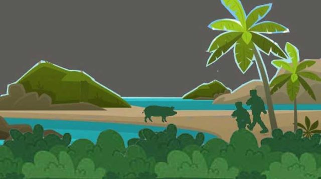 Ilustrasi pemuda menghadapi seekor babi betina.